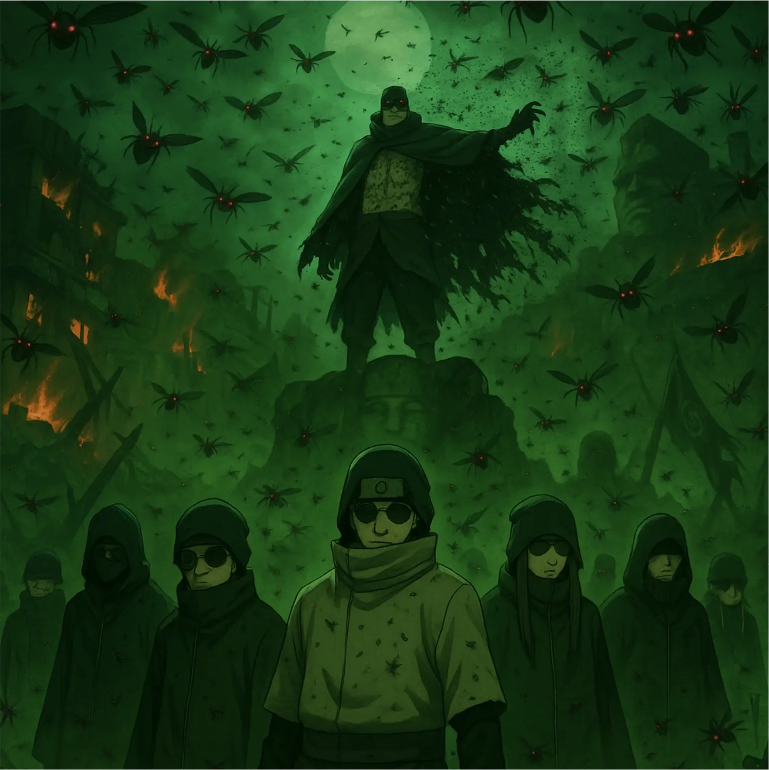 varios integrantes del clan aburame listos para la pelea y insectos por todos lados