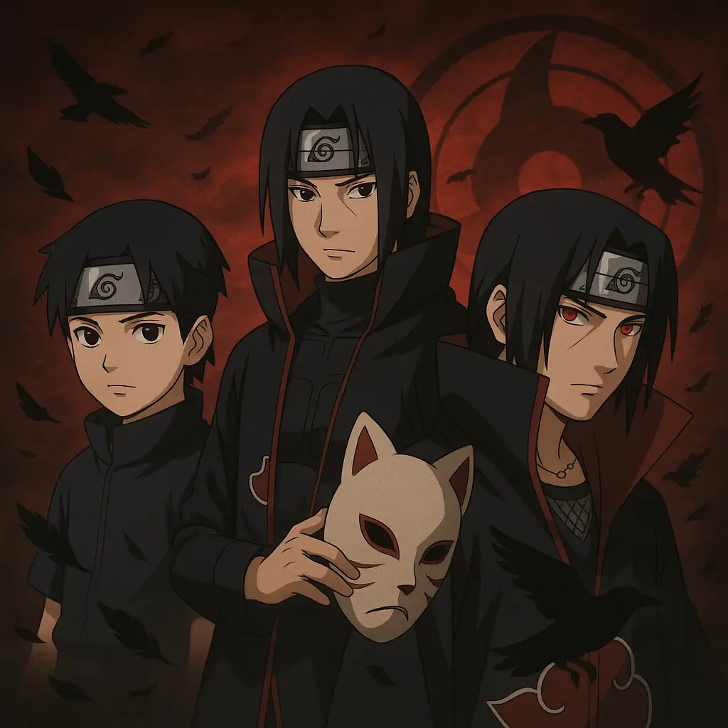  Ilustración épica estilo anime de Itachi Uchiha en tres etapas de su vida — niño con bandana de Konoha, joven ANBU sosteniendo máscara y adulto con capa Akatsuki y Mangekyō Sharingan, con fondo oscuro rojo y cuervos volando.