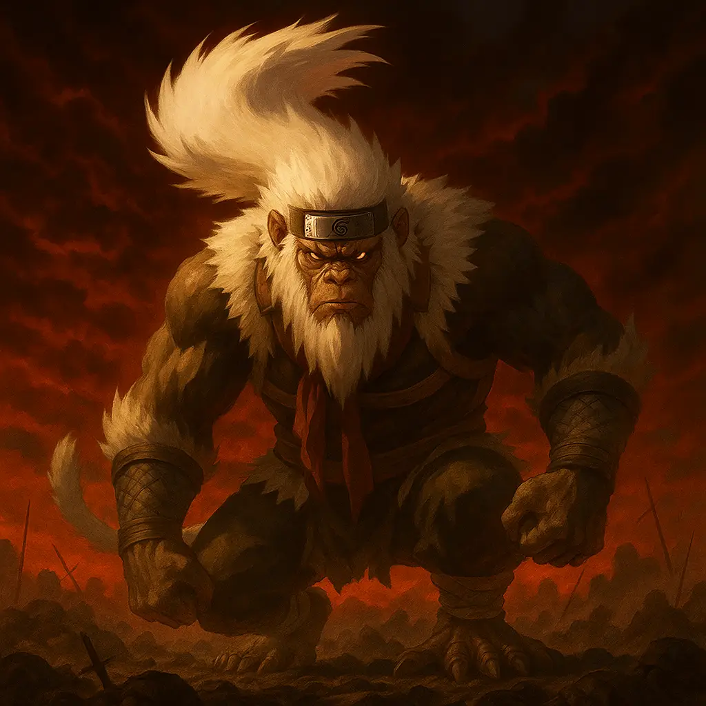 Enma, rey mono de Konoha de pelaje blanco y armadura, en pose imponente sobre un campo de batalla bajo un cielo rojo.