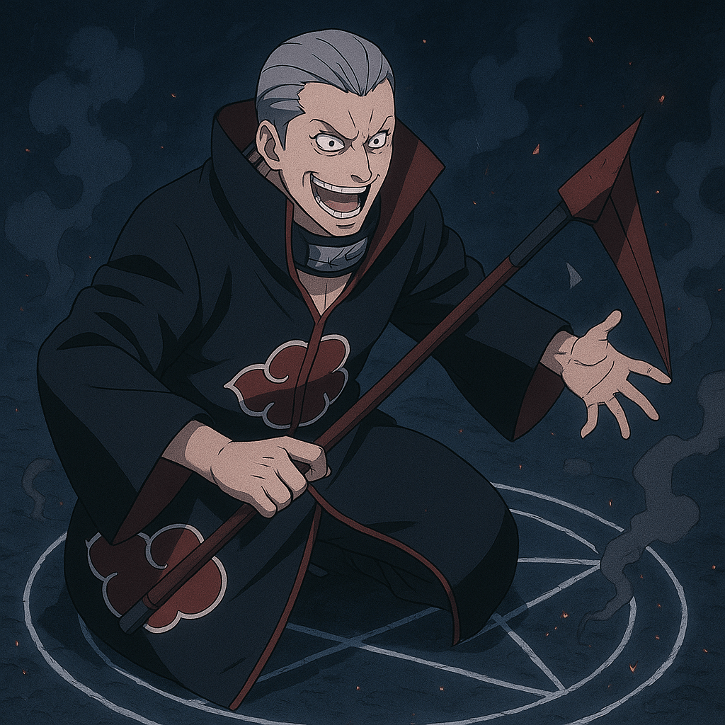 Hidan realizando su ritual: sangre, círculos y la mirada fanática de quien no teme a la muerte