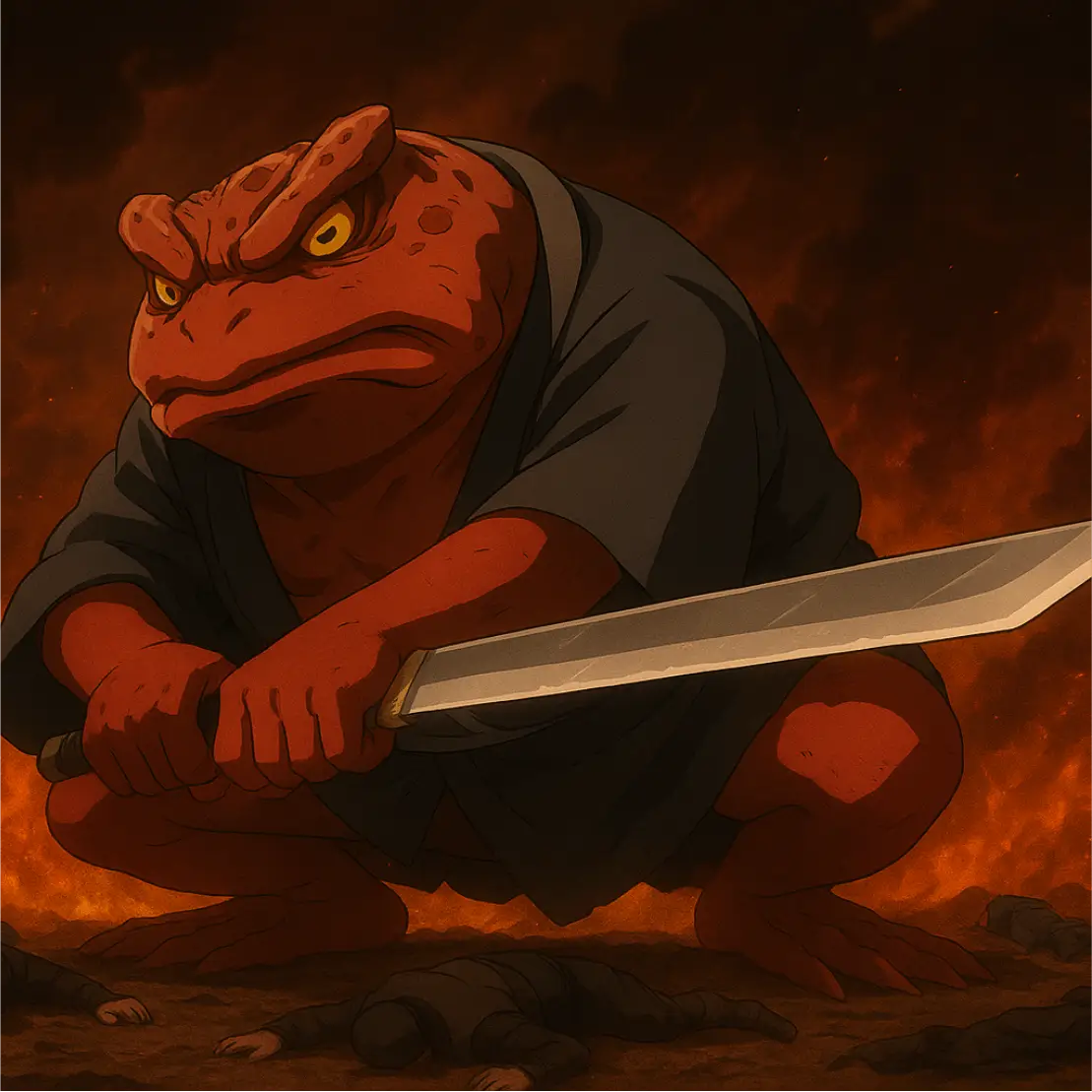 Gamabunta agachado con katana y pipa sobre un campo de batalla en llamas, rodeado de ninjas caídos.