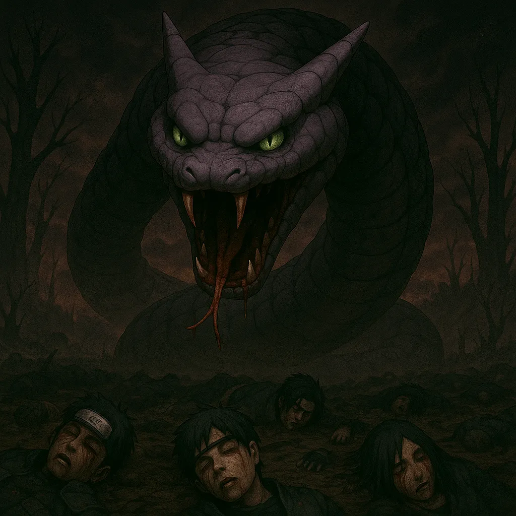 Manda gran serpiente morada con muchos ninjas muertos