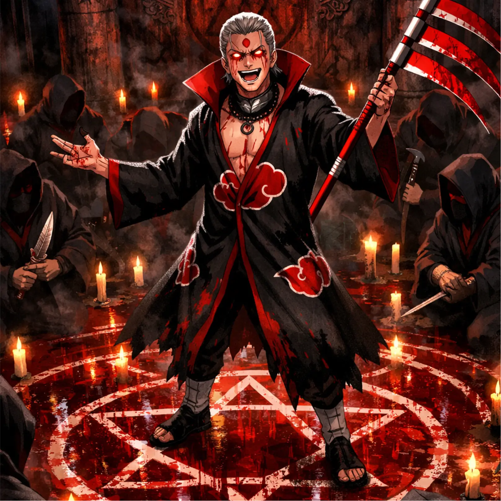 Hidan dentro del círculo de Jashin, rodeado por otros seguidores del culto en un ritual sangriento y prohibido