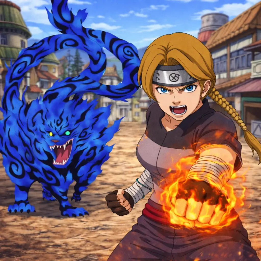 Yugito Nii liberando a Matatabi en una explosión de fuego azul