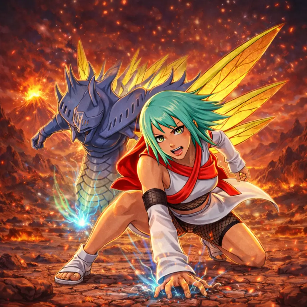 Fū jinchūriki del Nanabi liberando alas de chakra brillante en el bosque