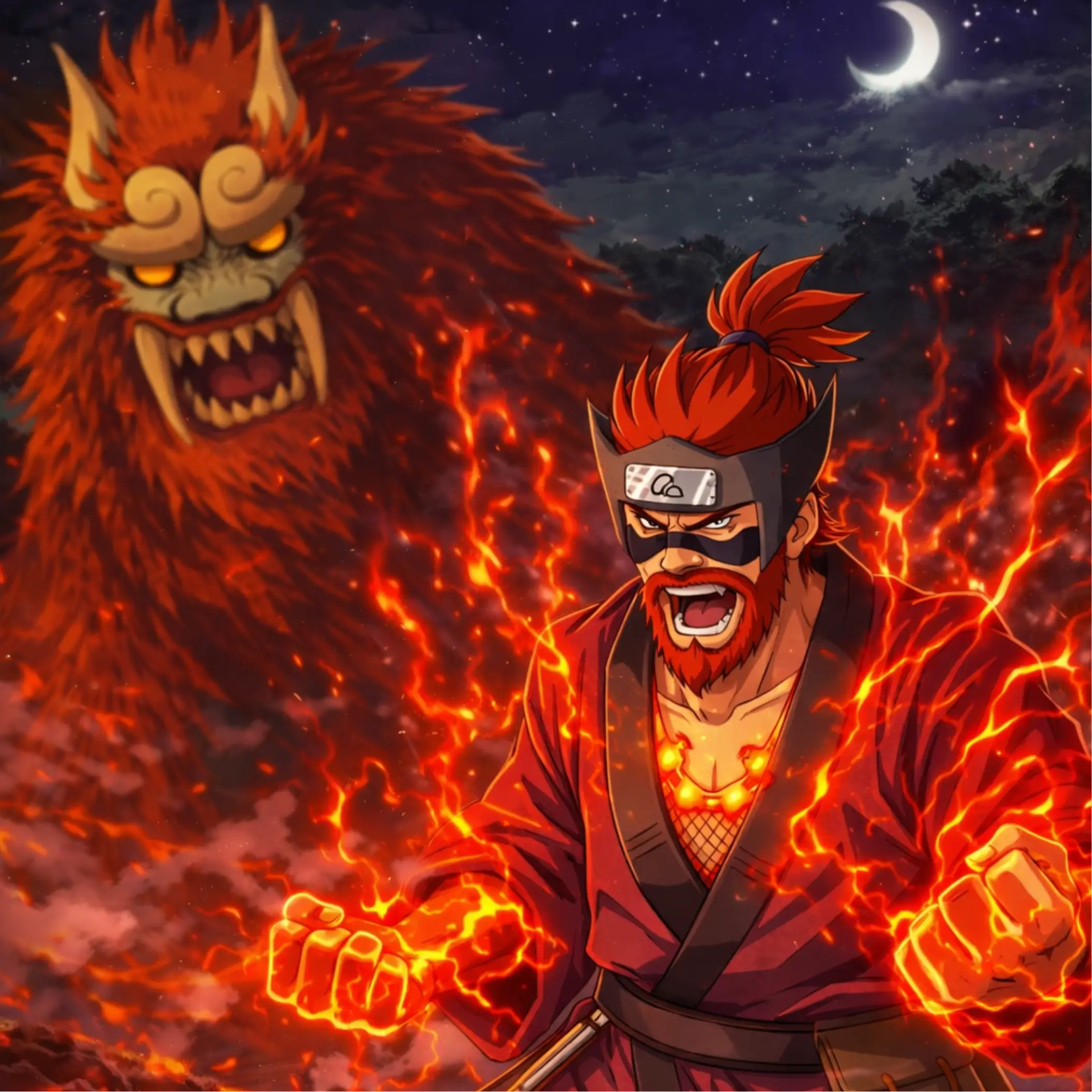 Rōshi envuelto en vapor y lava, jinchūriki del Cuatro Colas, rodeado de magma ardiente