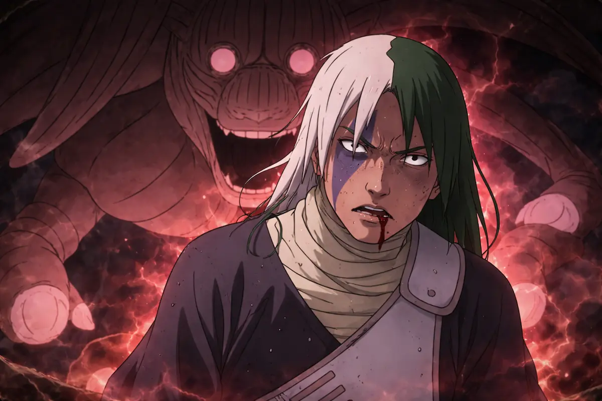 Blue B como jinchuriki del Hachibi mostrando sufrimiento y dolor, con el Bijuu detrás rodeado de chakra oscuro en estilo anime Naruto