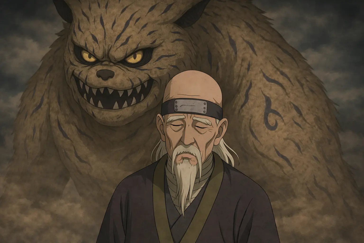 Bunpuku jinchuriki de Shukaku en Naruto con el demonio de una cola detrás