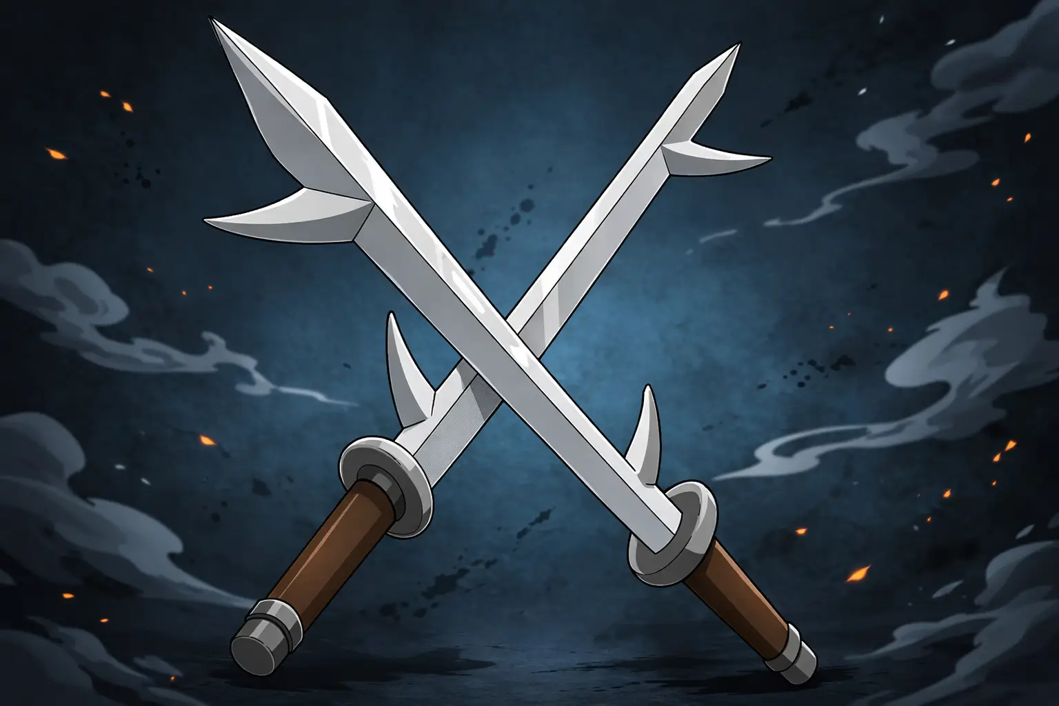 Espadas Kiba de Naruto cruzadas, una de las armas de los Siete Espadachines de la Niebla con diseño de doble filo en estilo anime.