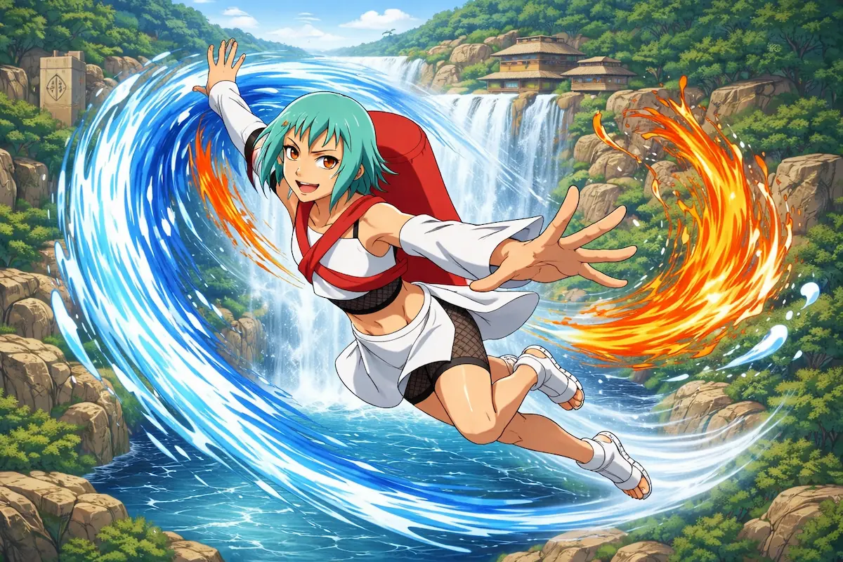 Fu jinchuriki estilo anime Naruto clásico 2009 controlando elementos de agua y fuego en combate, ilustración dinámica de alta calidad con fondo de cascada