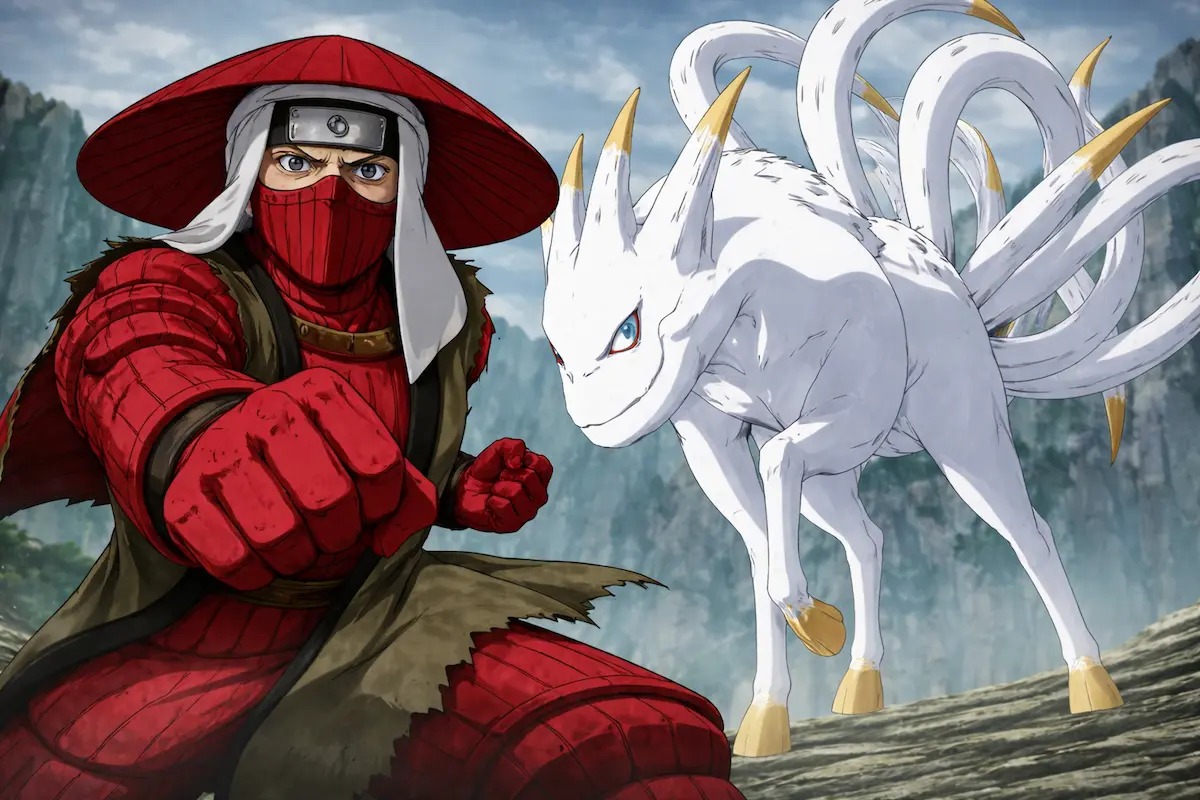 Han jinchuriki Kokuo cinco colas Naruto Shippuden, personaje Han agresivo con bijuu cinco colas fondo montaña