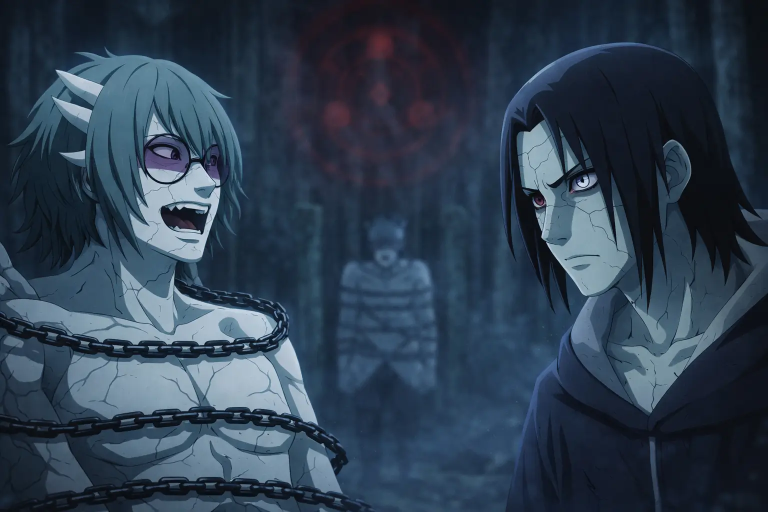 Itachi Uchiha usa el genjutsu Izanami para atrapar psicológicamente a Kabuto Yakushi en un bosque oscuro en Naruto