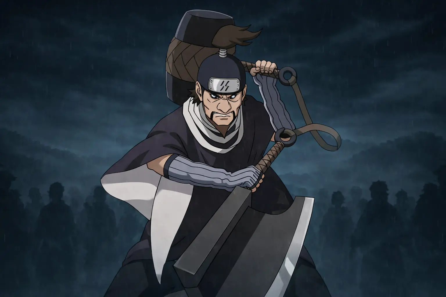 Jinin Akebino uno de los Siete Espadachines de la Niebla usando la espada Kabutowari en Naruto