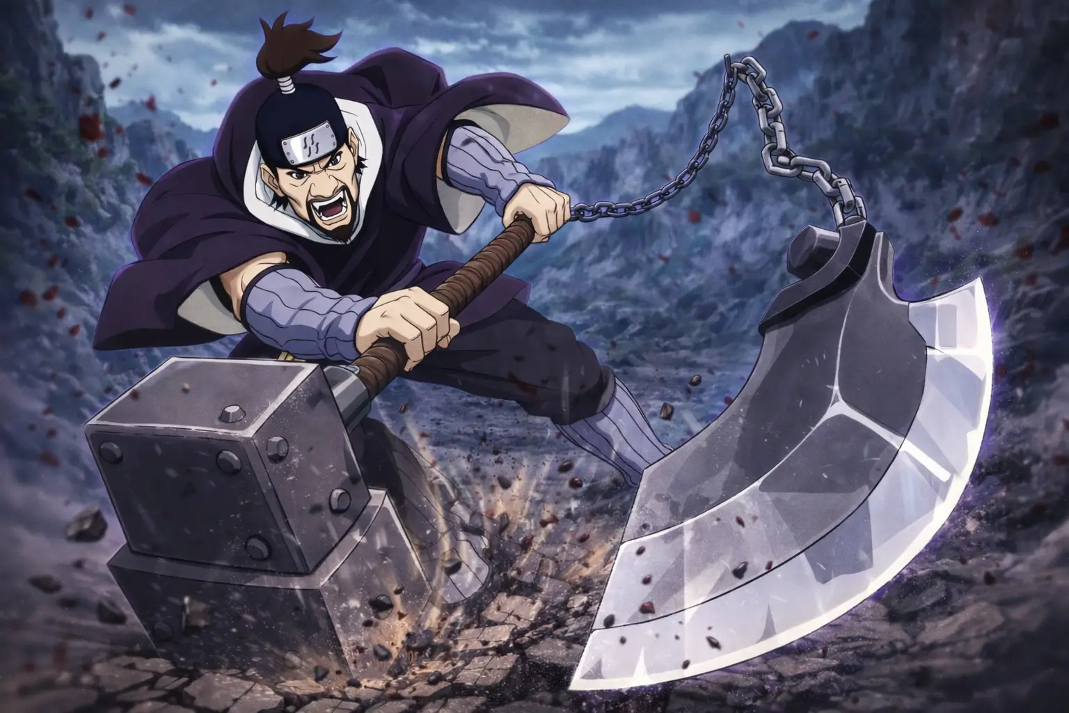 Ilustración de Jinin Akebino, uno de los legendarios 7 Espadachines de la Niebla del universo Naruto, empuñando su poderosa espada martillo en una escena de combate estilo anime clásico.