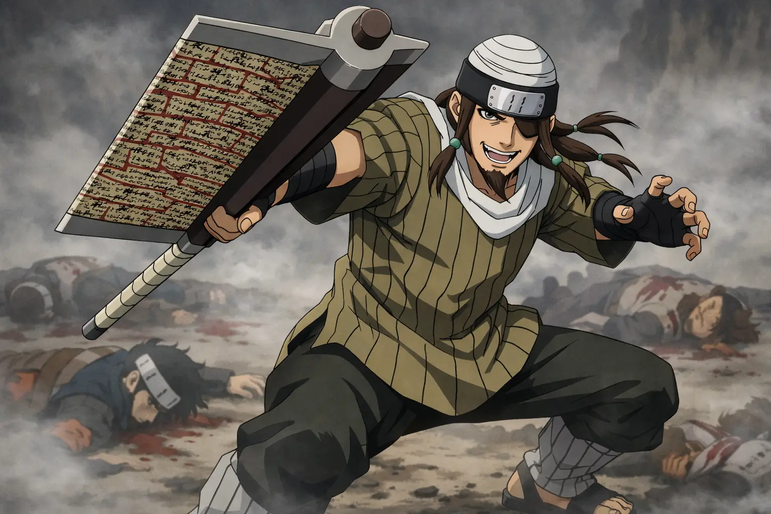 Jinpachi Munashi, uno de los Siete Espadachines de la Niebla de Naruto, sosteniendo la espada explosiva Shibuki en un campo de batalla cubierto de niebla.