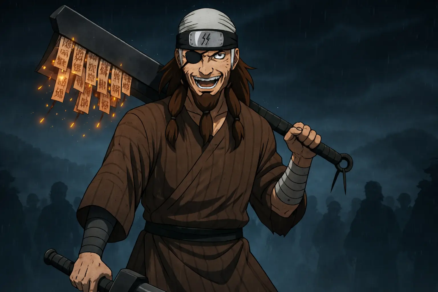Jinpachi Munashi miembro de los Siete Espadachines de la Niebla usando la espada explosiva Shibuki en Naruto