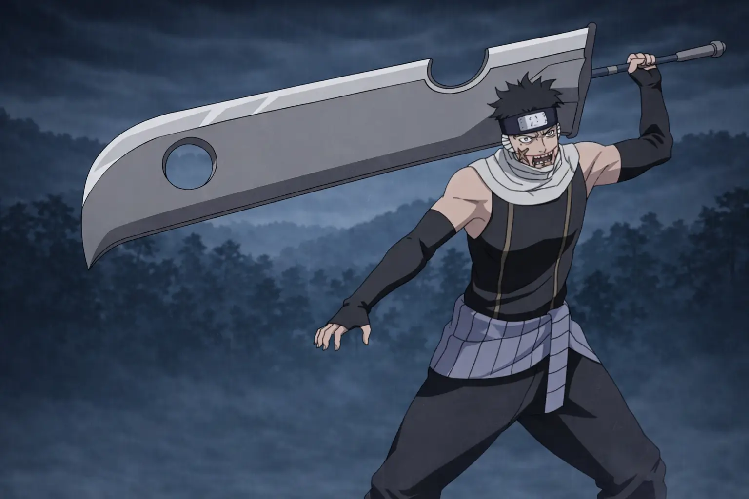 Juzo Biwa miembro de los Siete Espadachines de la Niebla usando la espada Kubikiribocho en Naruto