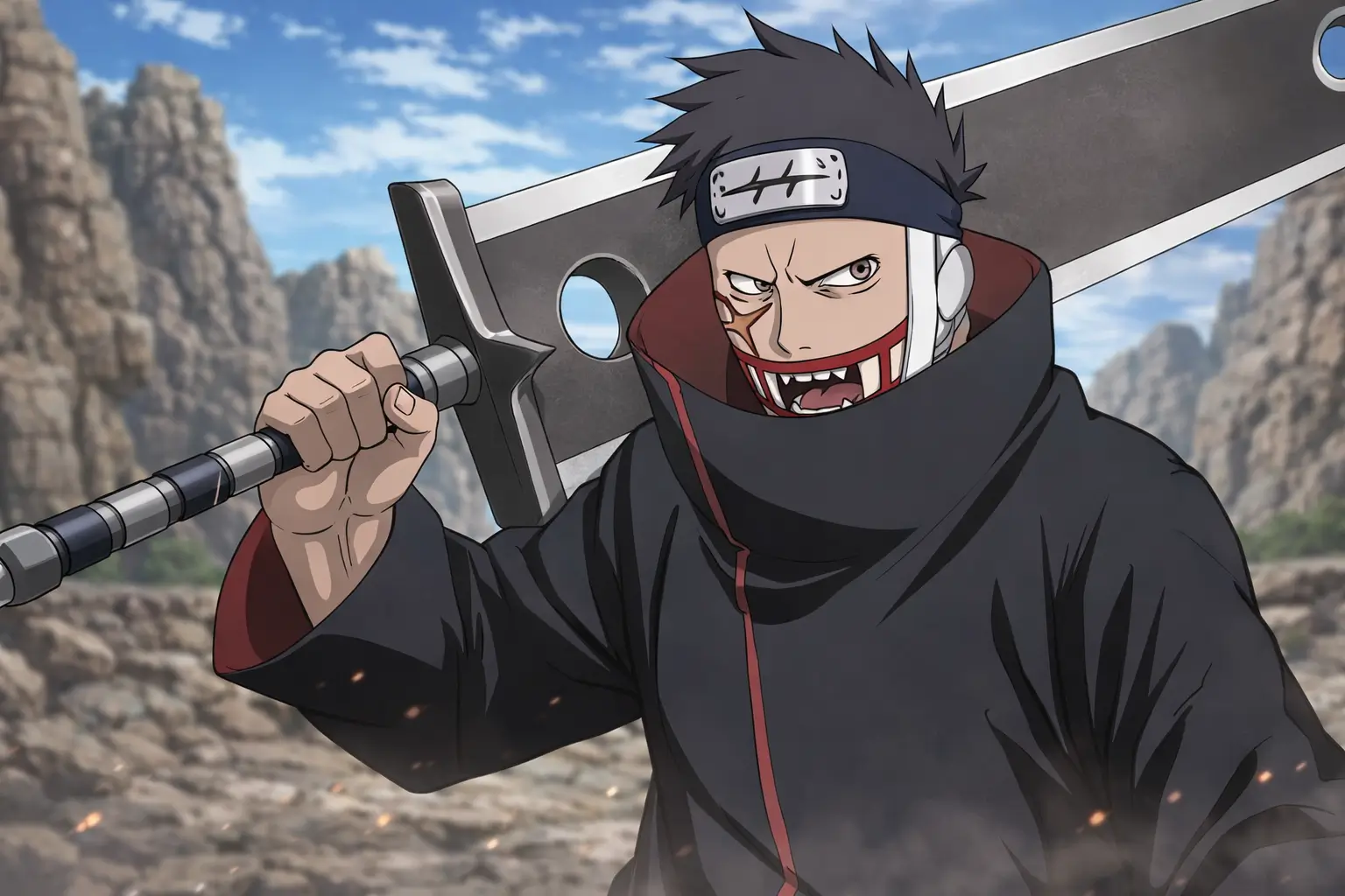 Juzo Biwa con la Kubikiribōchō, el espadachín de la Niebla perteneciente a los Siete Espadachines legendarios de Naruto.