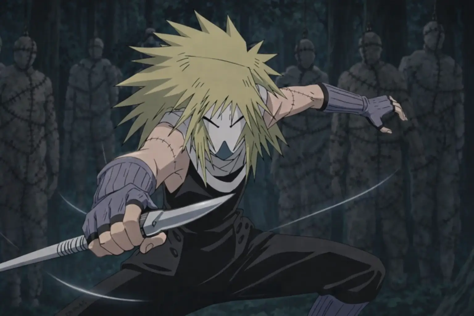 Kushimaru Kuriarare uno de los Siete Espadachines de la Niebla en Naruto con su espada de aguja en un escenario oscuro rodeado de cuerpos cosidos