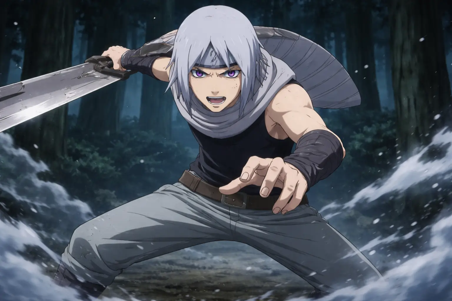 Mangetsu Hōzuki espadachín de la niebla en estilo anime Naruto clásico, pose agresiva con espada en bosque oscuro con niebla