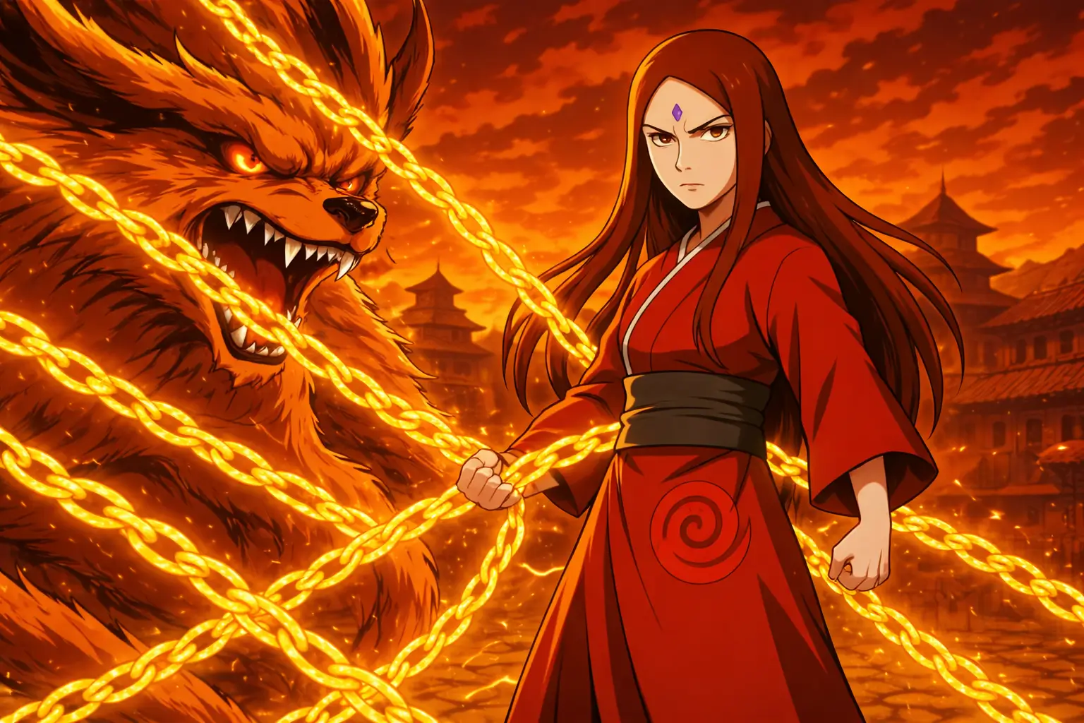 Mito Uzumaki primera jinchuriki de Kurama utilizando cadenas de chakra para sellar al zorro de nueve colas en Naruto