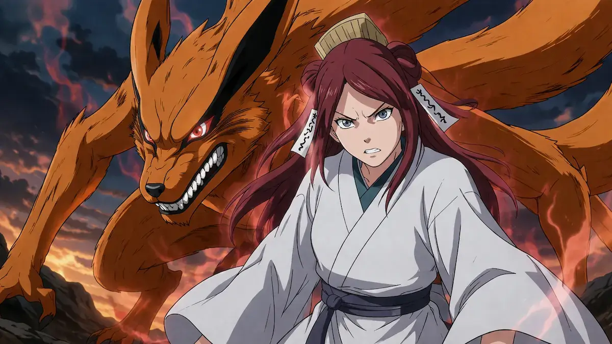 Mito Uzumaki como jinchuriki del Kyubi con expresión agresiva frente al Zorro de Nueve Colas en Naruto, con aura de chakra rojo y fondo dramático