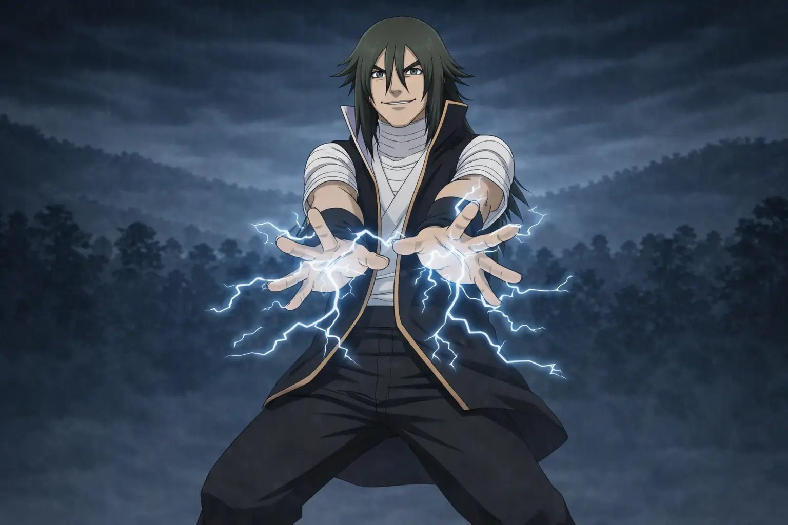 Raiga Kurosuki espadachín de la niebla utilizando las espadas Kiba y jutsu de rayo en Naruto