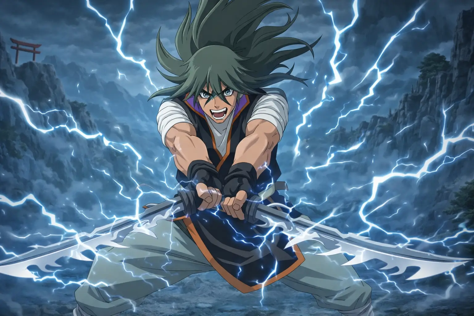 Raiga Kurosuki de los Siete Espadachines de la Niebla canalizando chakra de rayo con sus espadas gemelas en Naruto