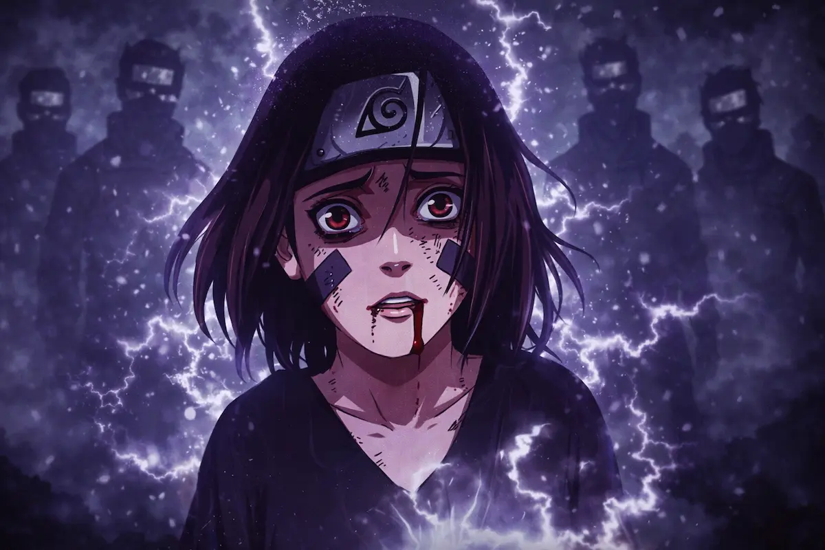 Rin Nohara como jinchuriki del Tres Colas con expresión de sufrimiento, rodeada de chakra oscuro y rayos, con sombras de ninjas de la niebla al fondo en estilo anime Naruto