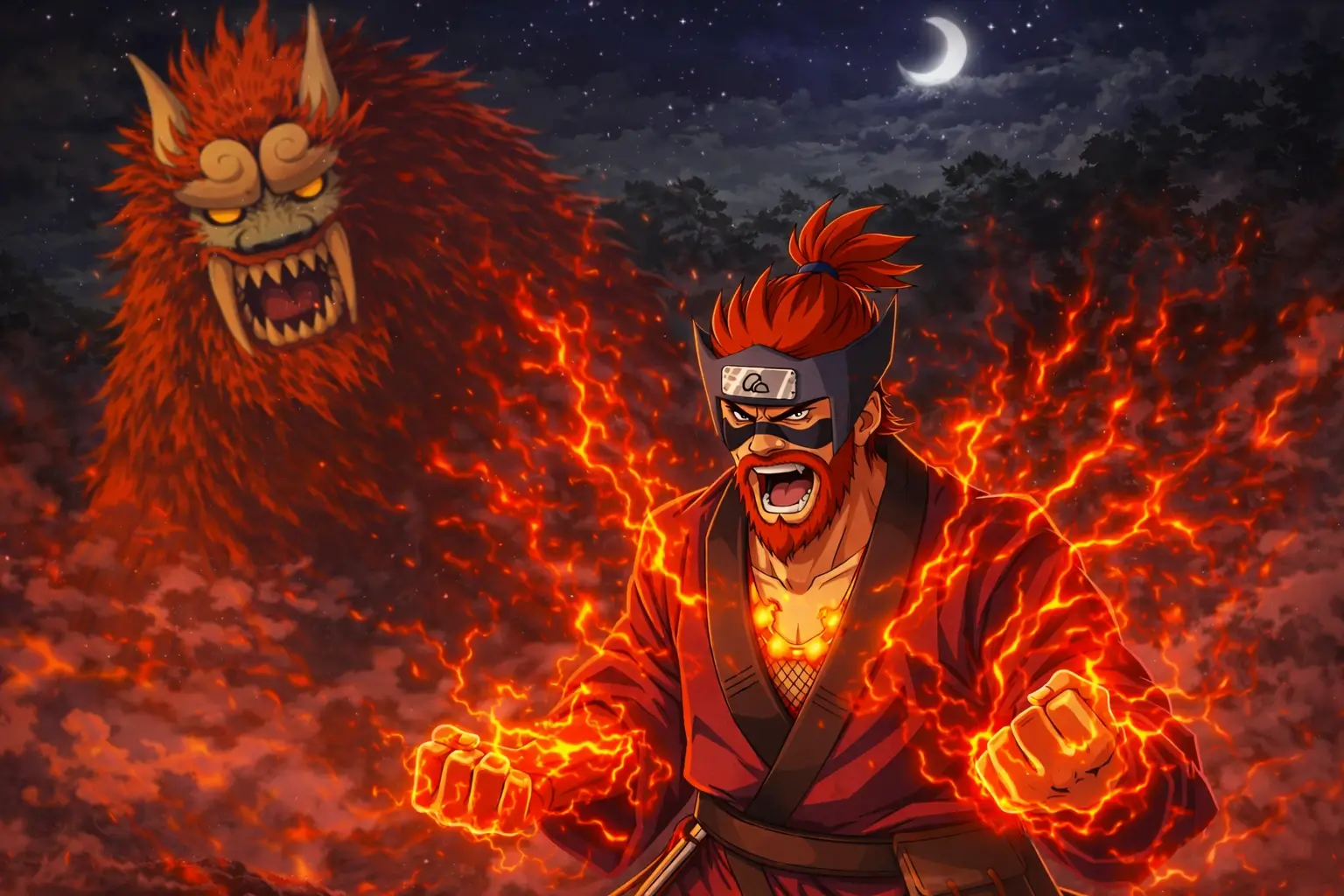 Roshi jinchuriki de Son Goku el bijuu de cuatro colas en Naruto Shippuden usando chakra de lava