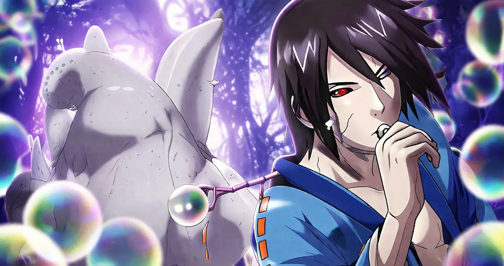 Utakata jinchuriki del Seis Colas Saiken en estilo anime Naruto clásico 2009 con burbujas y fondo púrpura místico