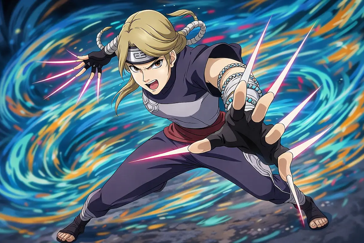 Yugito Nii jinchuriki del Dos Colas Matatabi en pose de combate estilo Naruto clásico 2009 con garras de chakra y aura energética azul