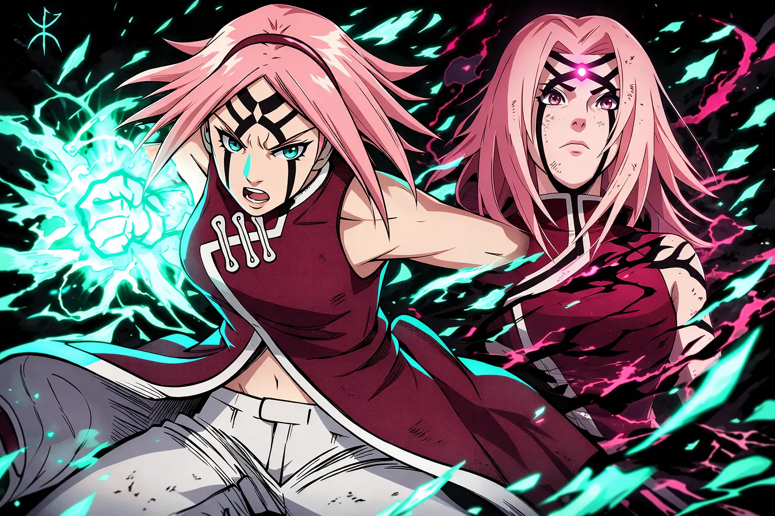 Byakugō no In Sakura activando sello de fuerza de cien regeneración curación jutsu médico Naruto