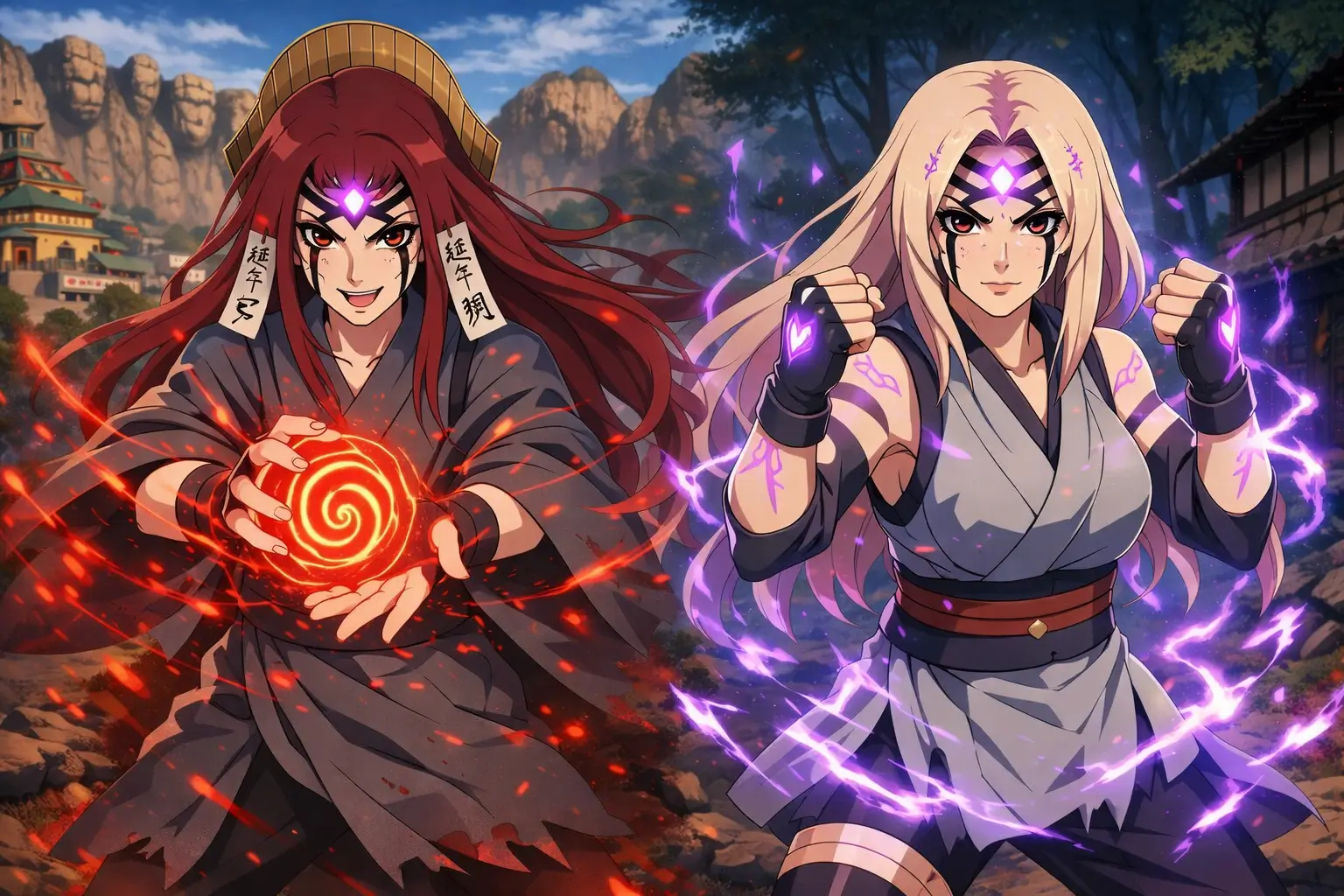 Tsunade y Mito Uzumaki activando el Byakugō no In la técnica de regeneración del Sello de Fuerza de Cien en Naruto