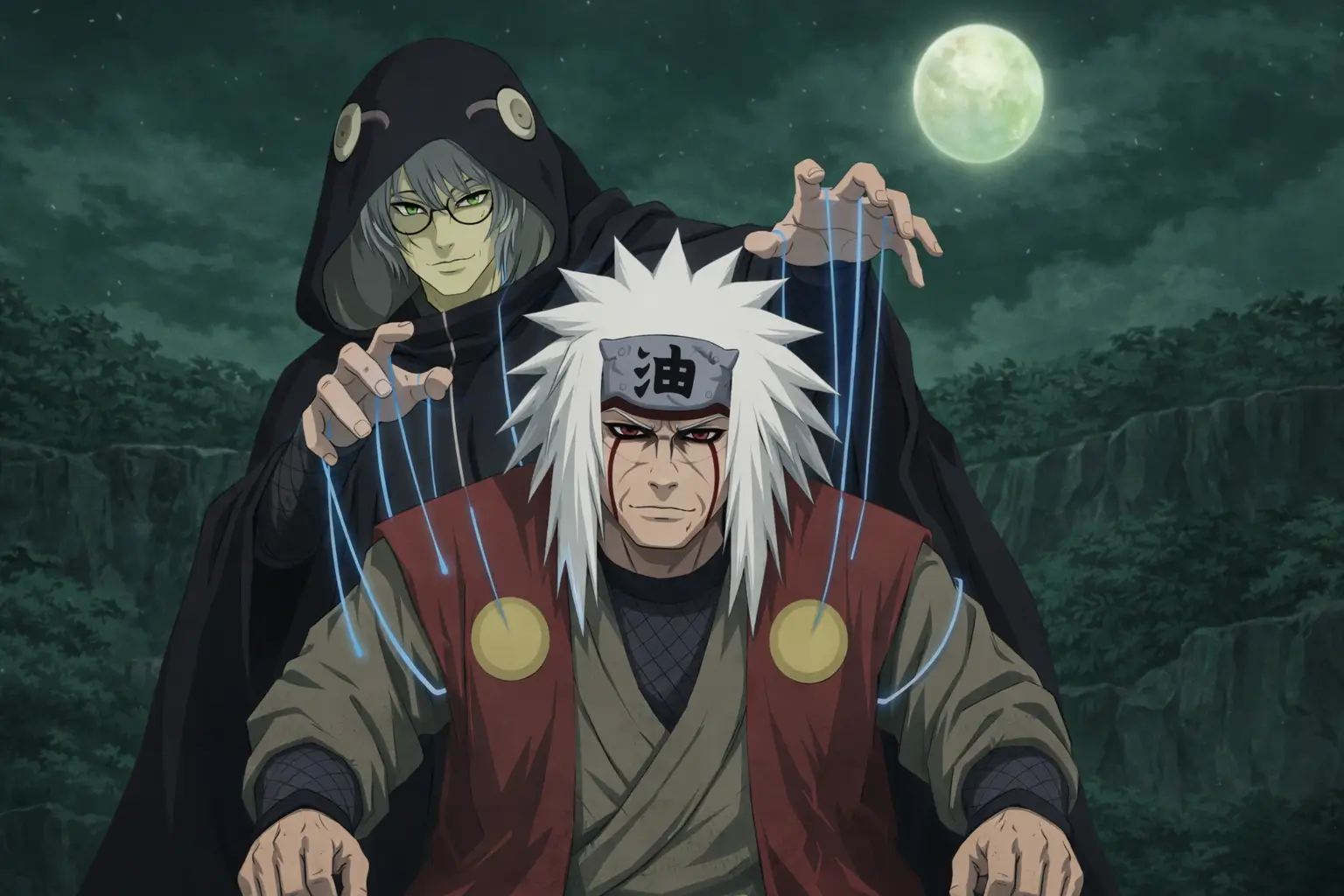 Jiraiya resucitado mediante Edo Tensei siendo controlado por Kabuto Yakushi en una escena nocturna de Naruto.