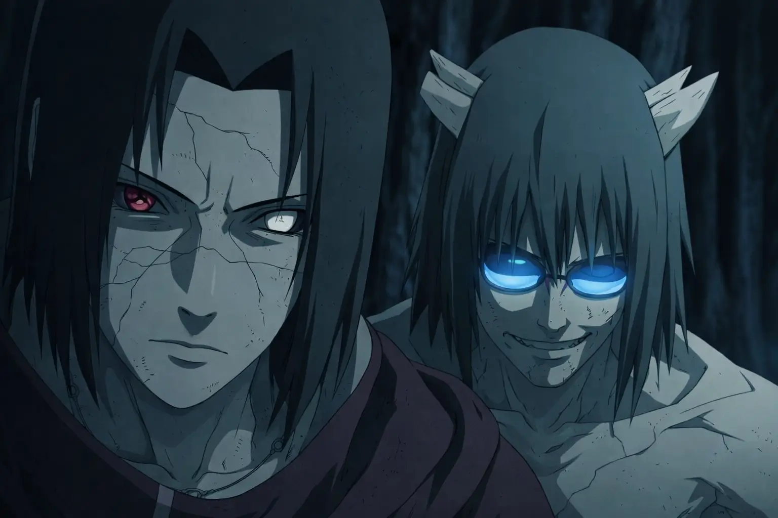 Itachi Uchiha enfrentando a Kabuto Yakushi en el Izanami, escena oscura estilo Naruto