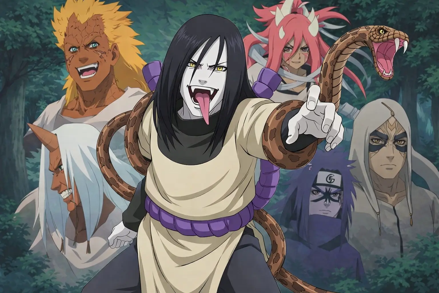 Marca maldita Orochimaru cuatro del sonido y Sasuke sello de maldición poder maldito Naruto