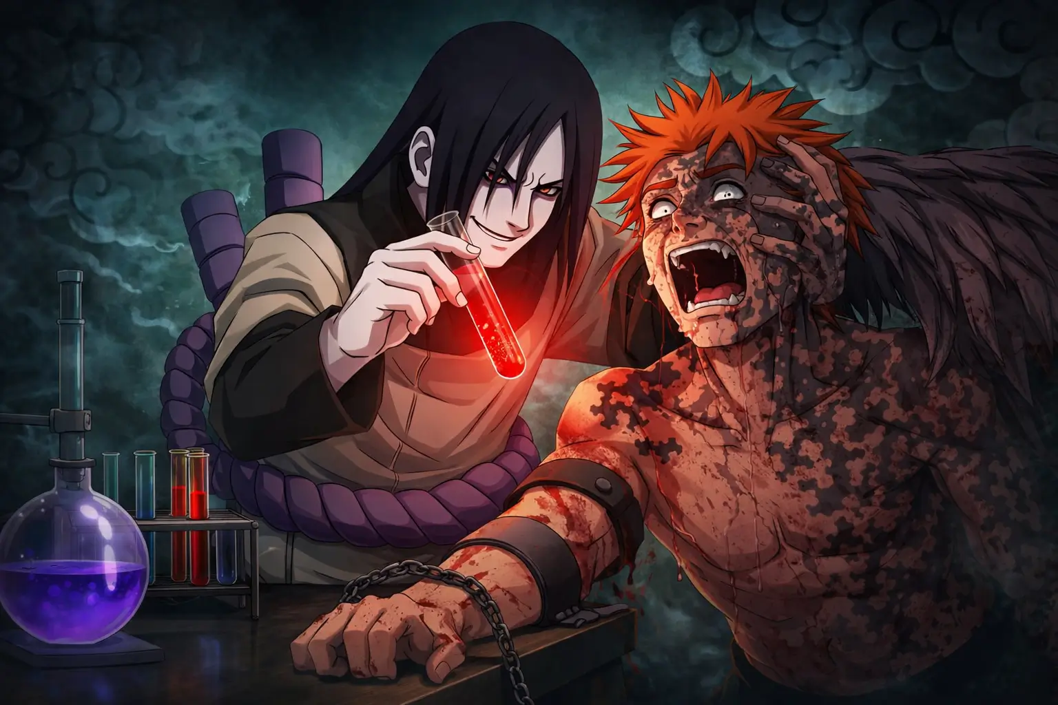 Marca maldita Orochimaru sello de maldición experimentos con Juugo jutsu prohibido Naruto