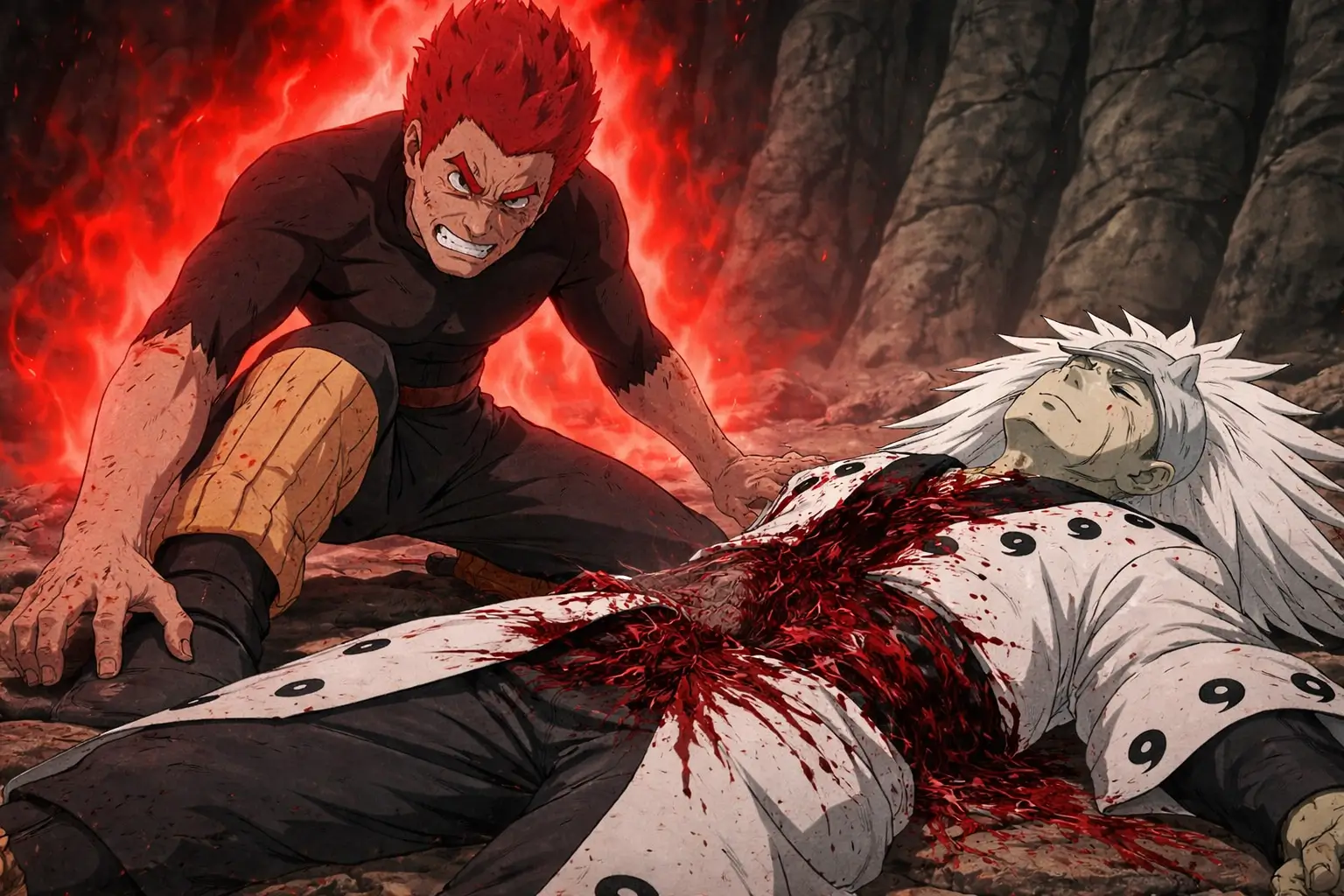 scena intensa de Might Guy usando las 8 puertas internas venciendo a Madara Uchiha con aura roja en Naruto