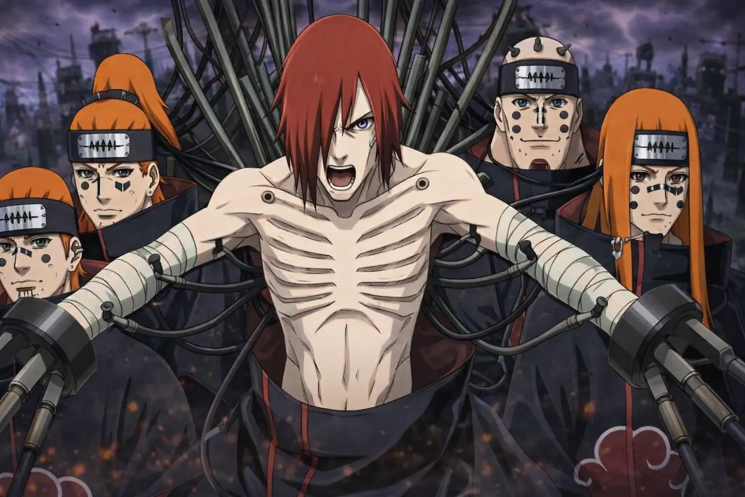 Nagato en el centro controlando los Seis Caminos de Pain, con expresión agresiva, rodeado por los cuerpos de Pain en estilo anime clásico de Naruto, fondo oscuro y atmósfera intensa