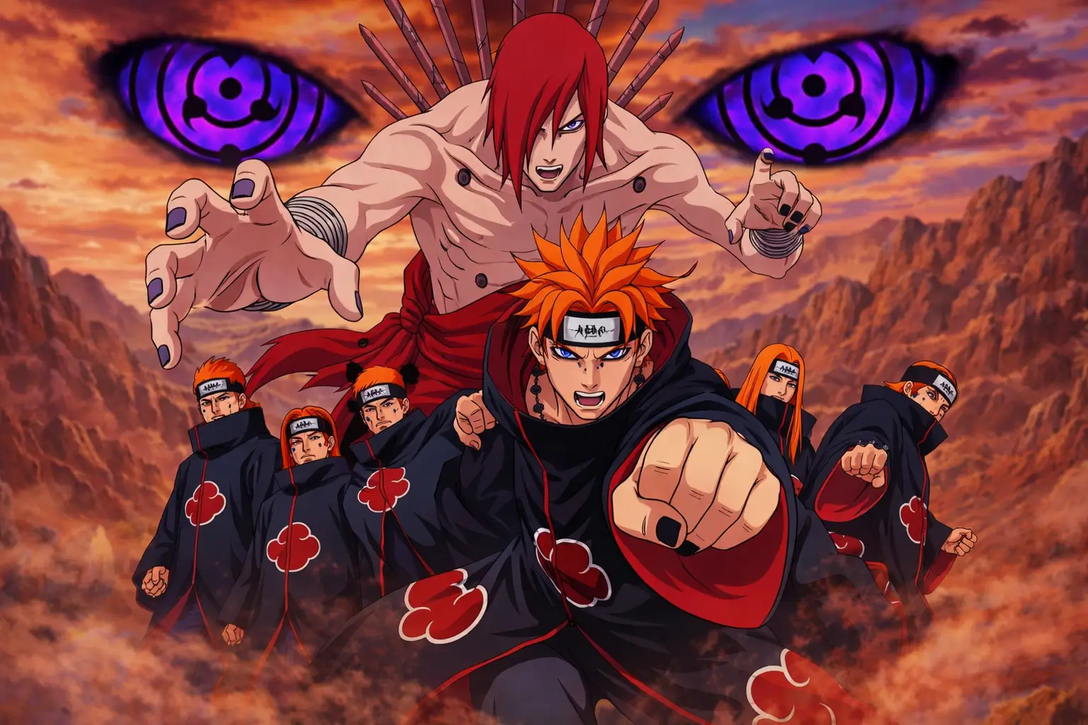 Nagato y Pain liderando los Seis Caminos de Pain en pose agresiva, con ojos Rinnegan brillando