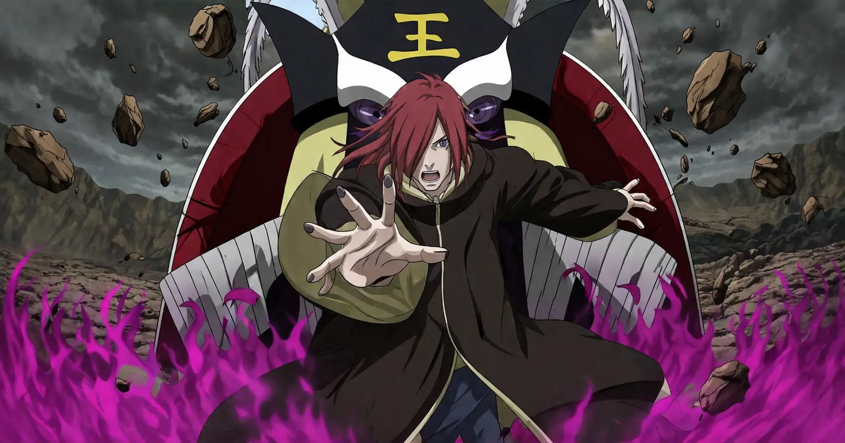 Nagato realizando el Rinne Tensei, pose agresiva con energía púrpura y fondo de batalla destruido