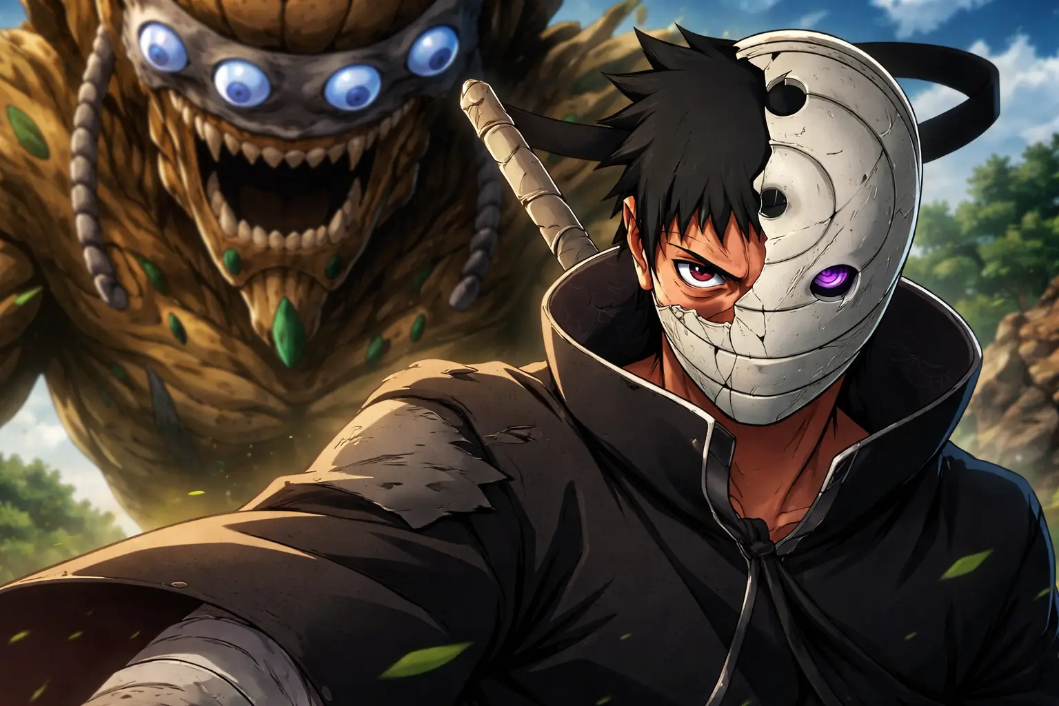 Obito Uchiha Akatsuki con máscara rota mostrando Sharingan y Rinnegan frente a la Estatua Demoníaca del Camino Exterior estilo anime Naruto