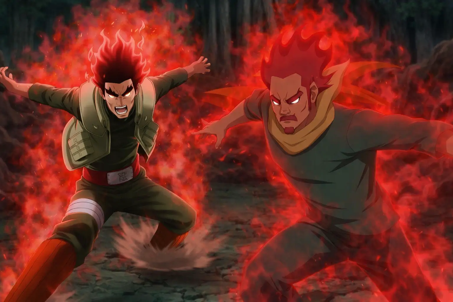 Ocho puertas internas Maito Guy y Dai Guy abriendo Hachimon Tonko máximo poder taijutsu Naruto