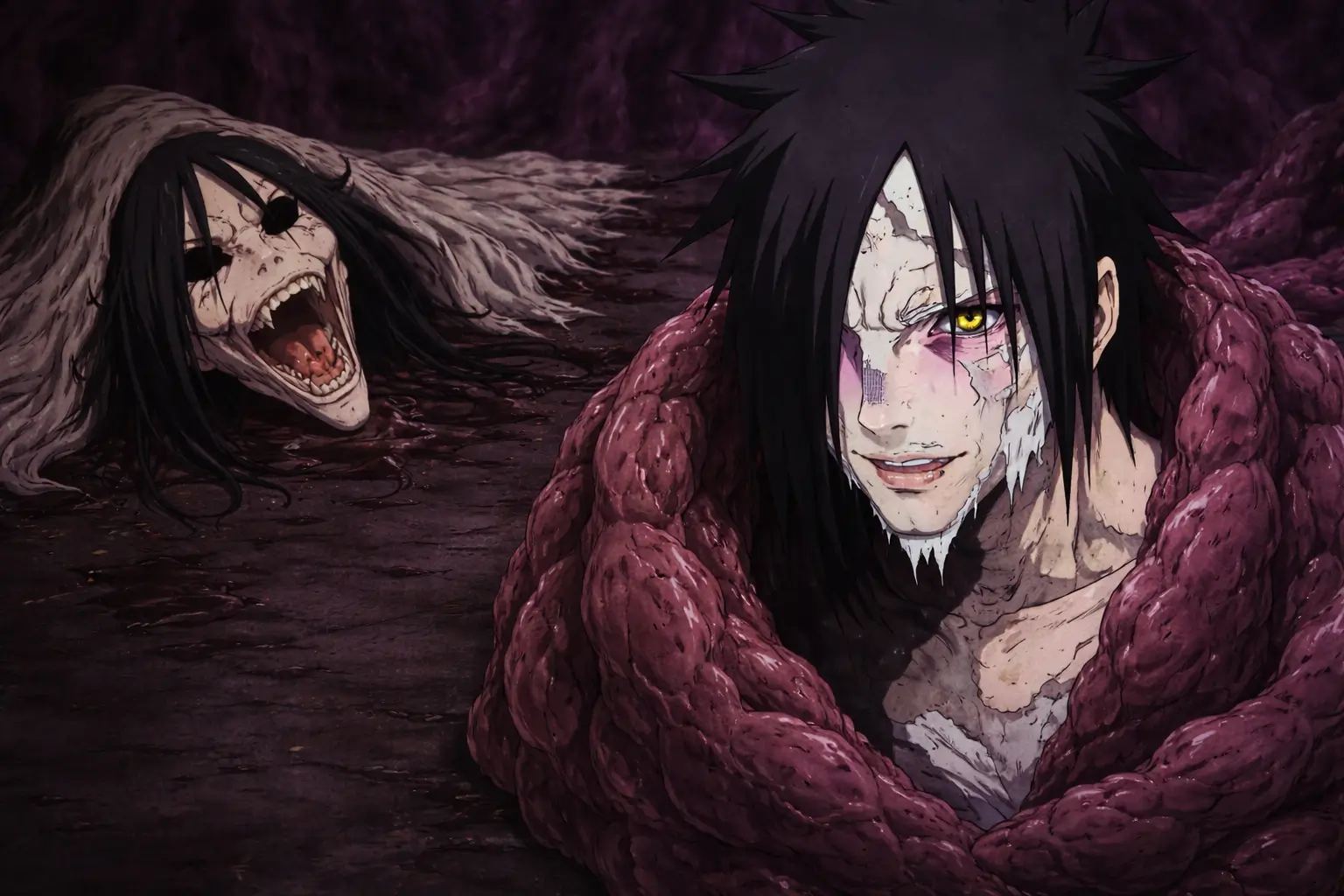 Orochimaru muerto dejando su piel mientras Sasuke se transforma durante el Fushi Tensei, estilo anime Naruto