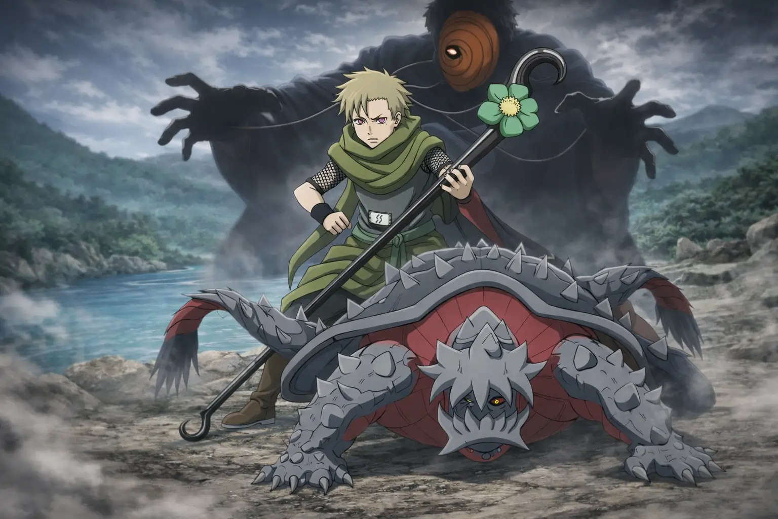 Yagura con el Isobu de tres colas en pose agresiva mientras Obito aparece en sombras controlándolo en Naruto